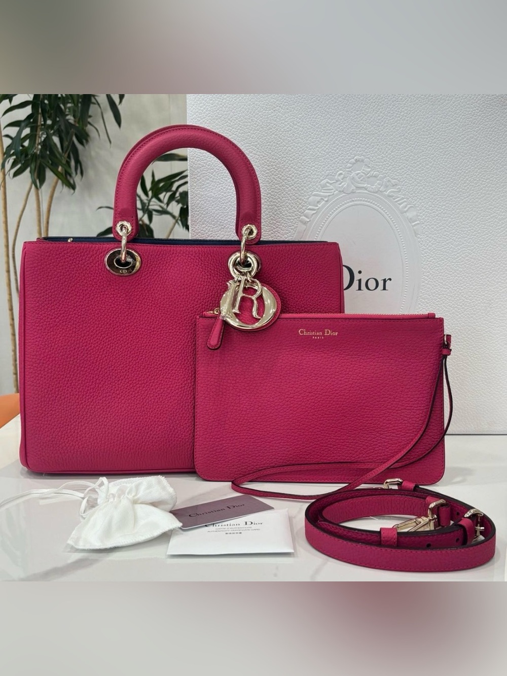 Dior Fuchsia Pink Grained Leather Satchel with Pouch